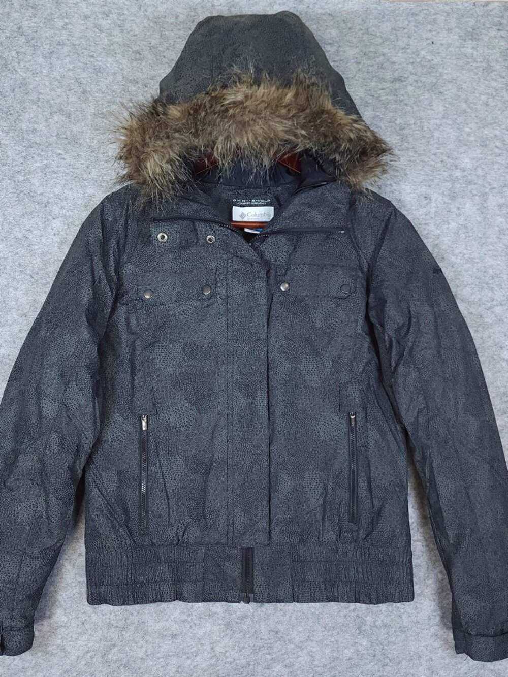 Columbia Peak Drifter II Bomber Jacket Small Gray Black Faux Fur Hood Zip Snap